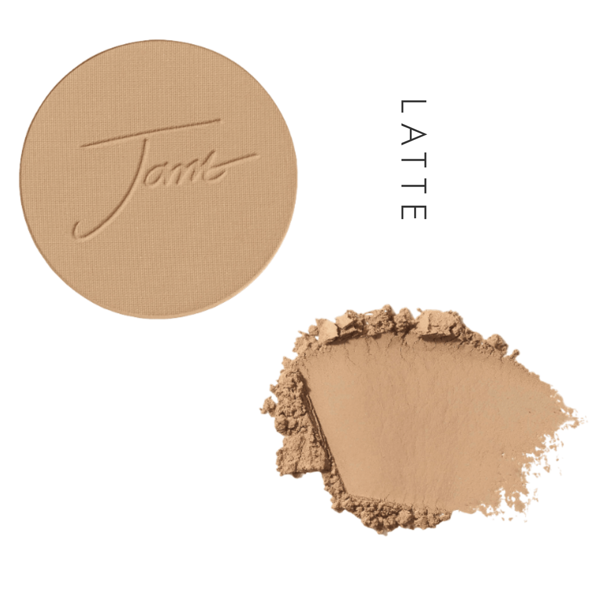 Jane Iredale PurePressed Base Mineral Foundation Refill in Latte, showing the pressed pan and a powder swatch
