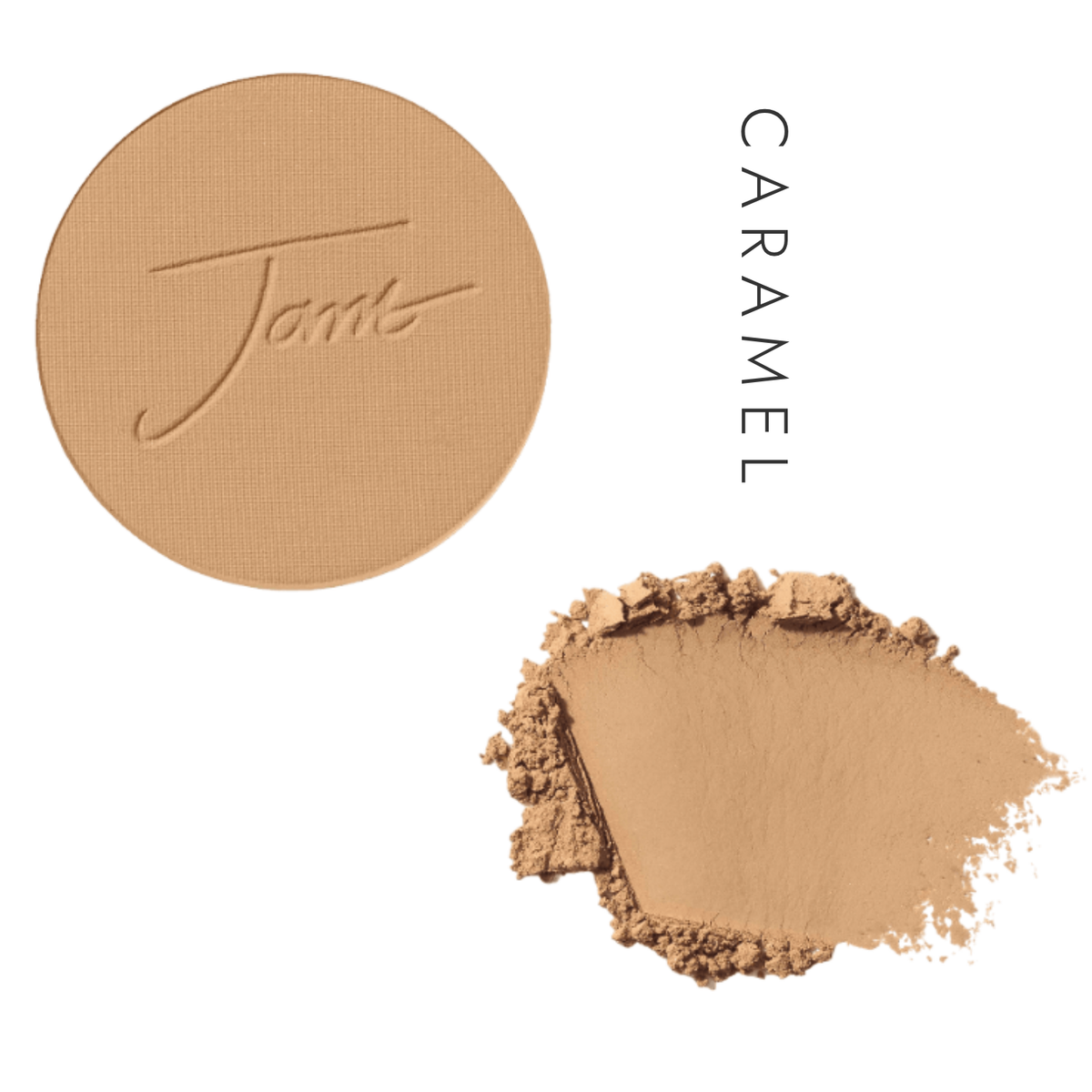 Jane Iredale PurePressed Base Mineral Foundation Refill in Caramel, showing the pressed pan and a powder swatch