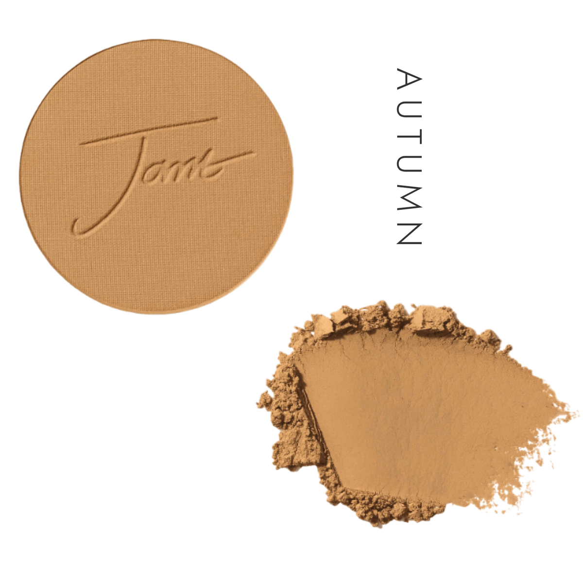 Jane Iredale PurePressed Base Mineral Foundation Refill in Autumn, showing the pressed pan and a powder swatch