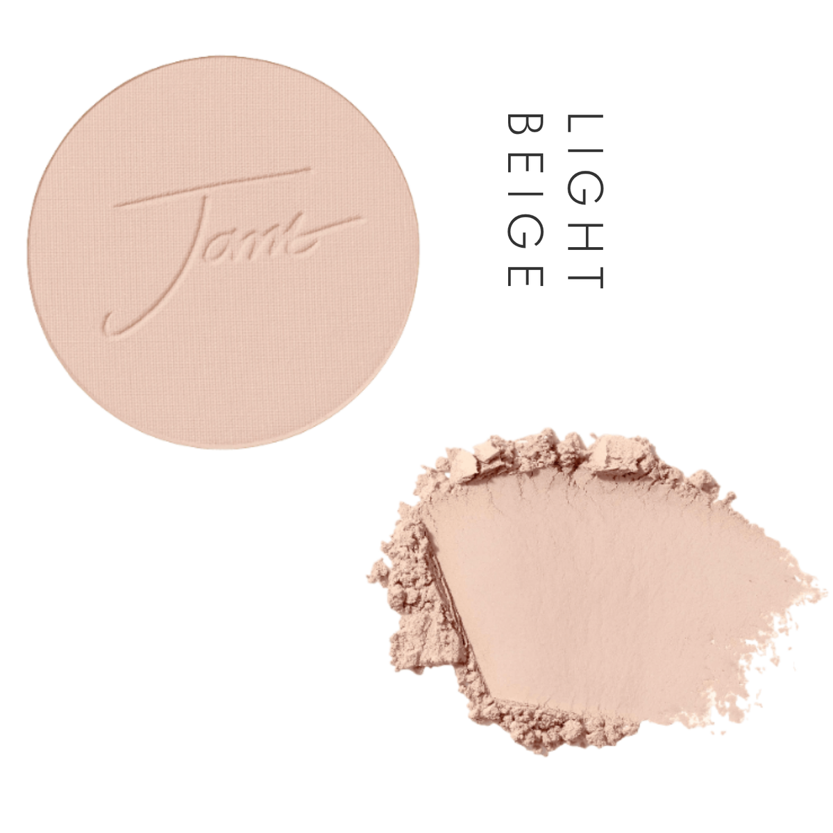Jane Iredale PurePressed Base Mineral Foundation Refill in Light Beige, showing the pressed pan and a powder swatch