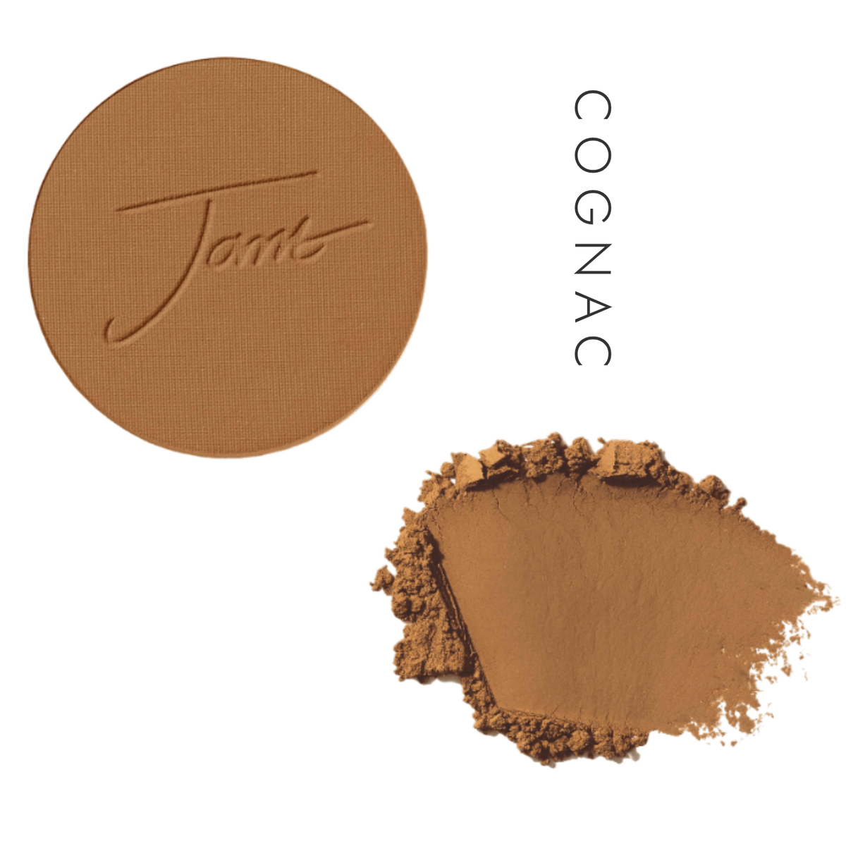 Jane Iredale PurePressed Base Mineral Foundation Refill in Cognac, showing the pressed pan and a powder swatch