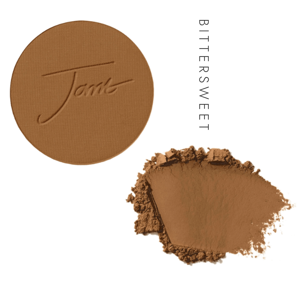 Jane Iredale PurePressed Base Mineral Foundation Refill in Bittersweet, showing the pressed pan and a powder swatch