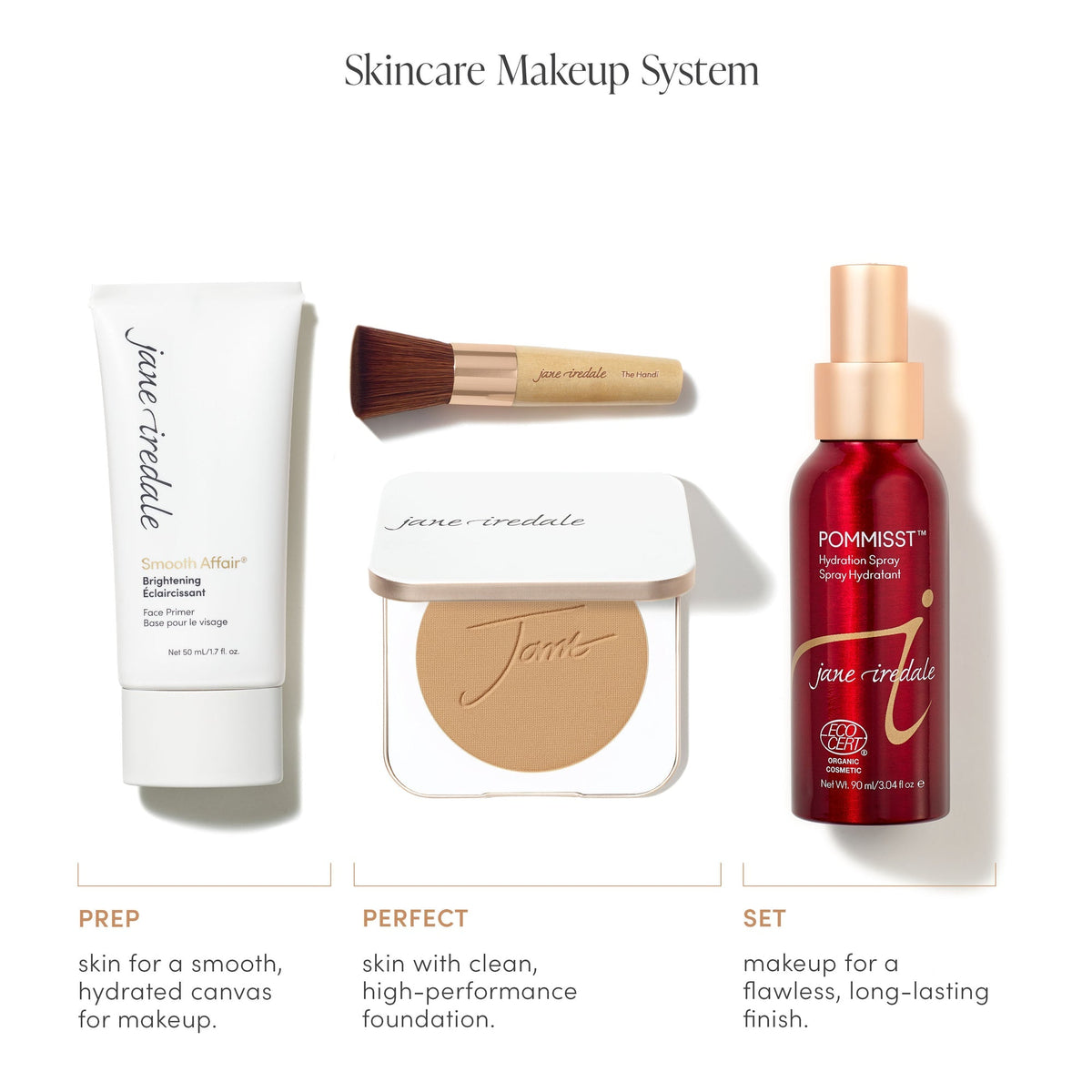 Jane Iredale PurePressed Base Mineral Foundation Refill shown in its compact as part of the skincare make-up system