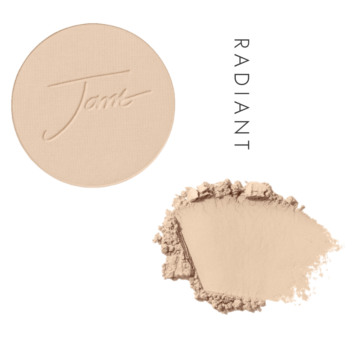 Jane Iredale PurePressed Base Mineral Foundation Refill in Radiant, showing the pressed pan and a powder swatch