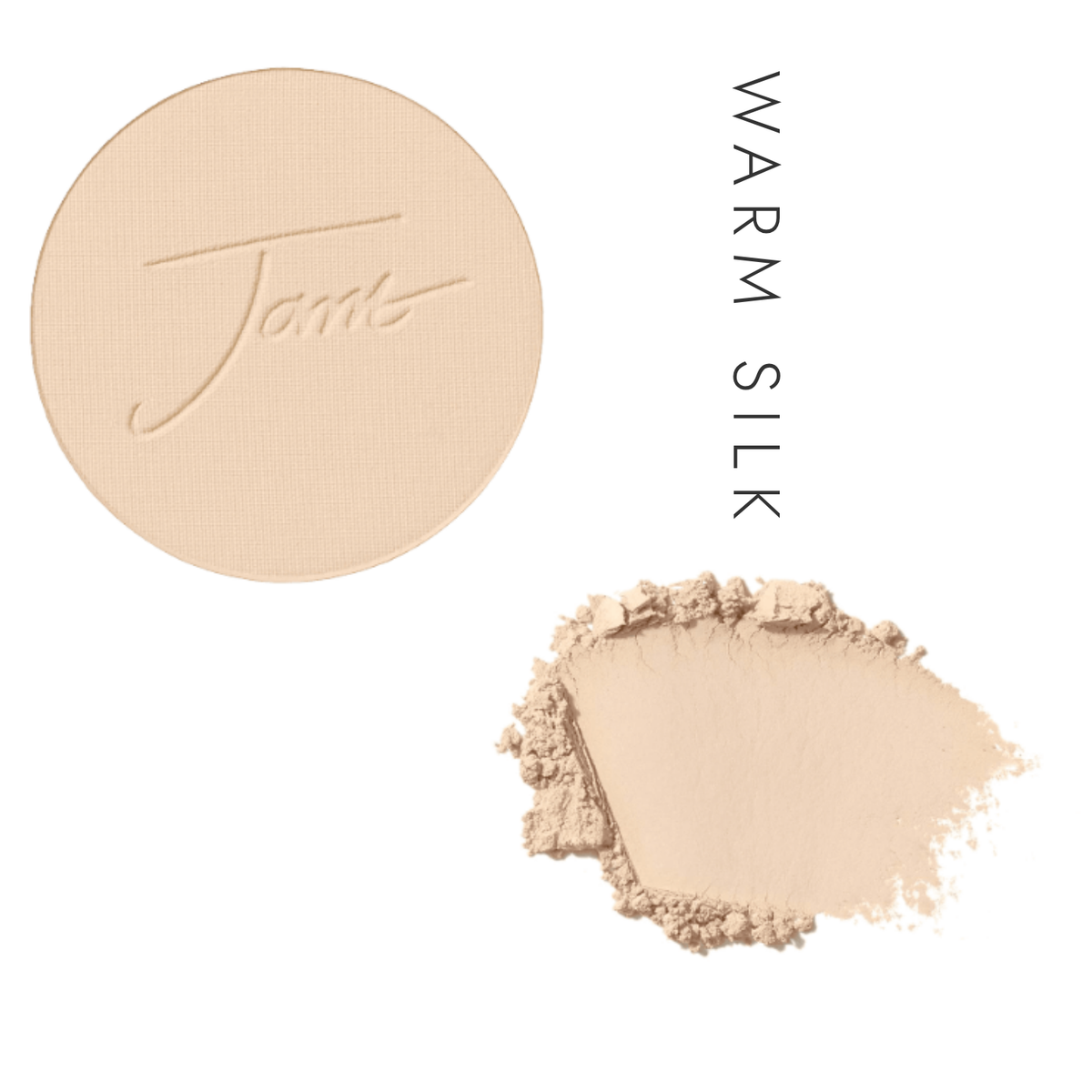 Jane Iredale PurePressed Base Mineral Foundation Refill in Warm Silk, showing the pressed pan and a powder swatch