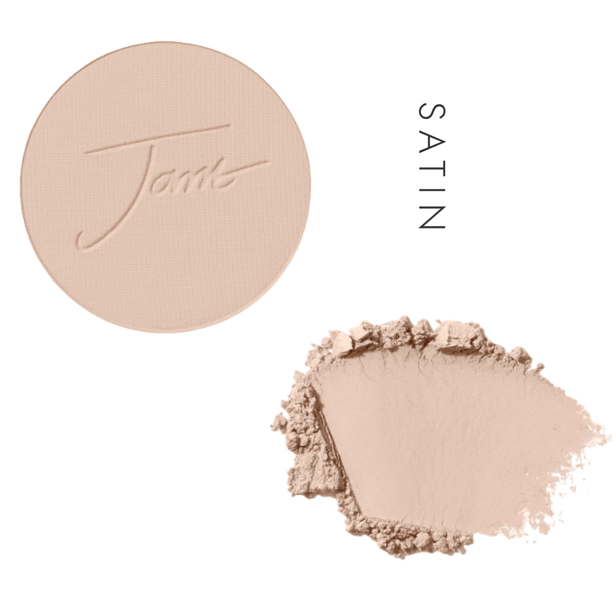Jane Iredale PurePressed Base Mineral Foundation Refill in Satin, showing the pressed pan and a powder swatch