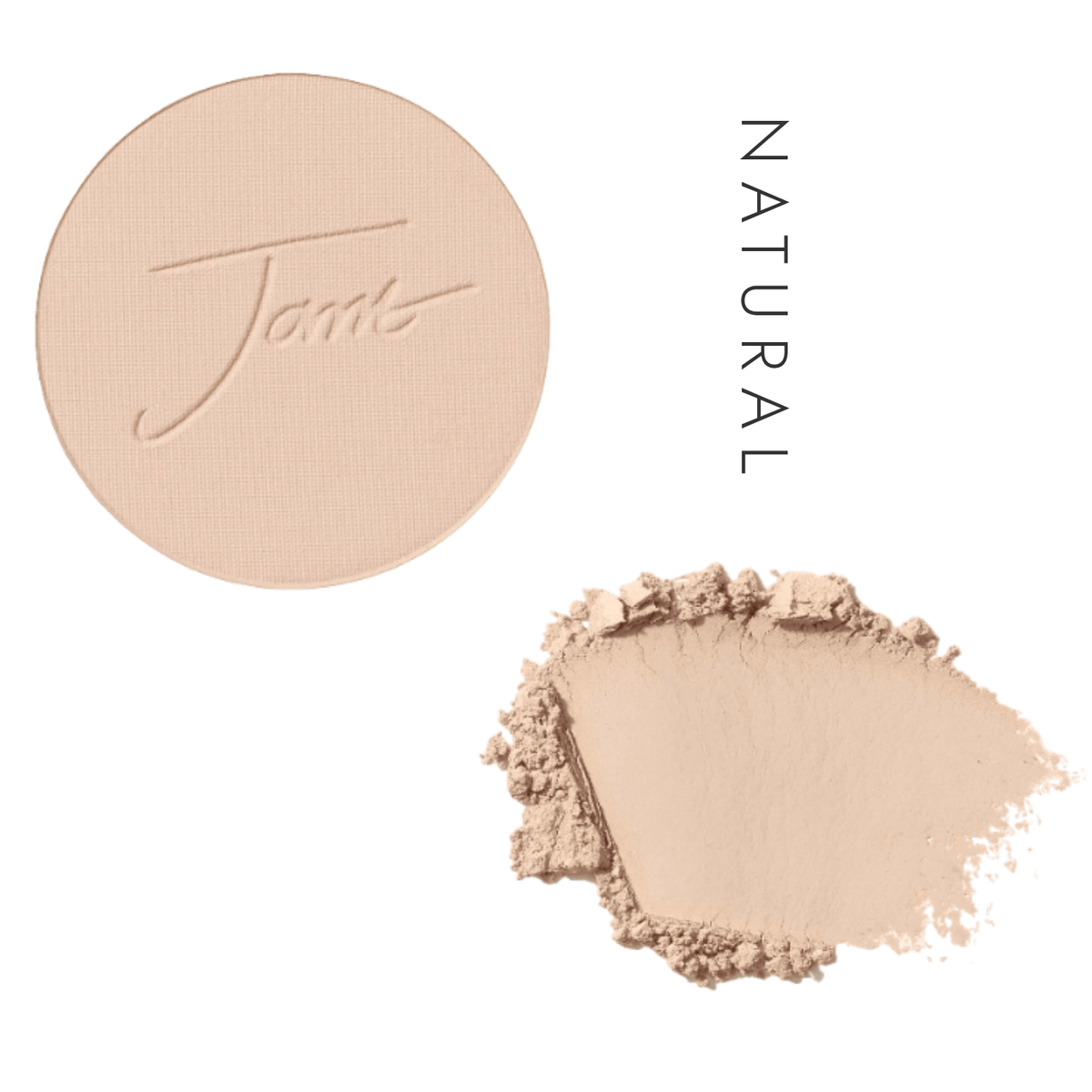 Jane Iredale PurePressed Base Mineral Foundation Refill in Natural, showing the pressed pan and a powder swatch