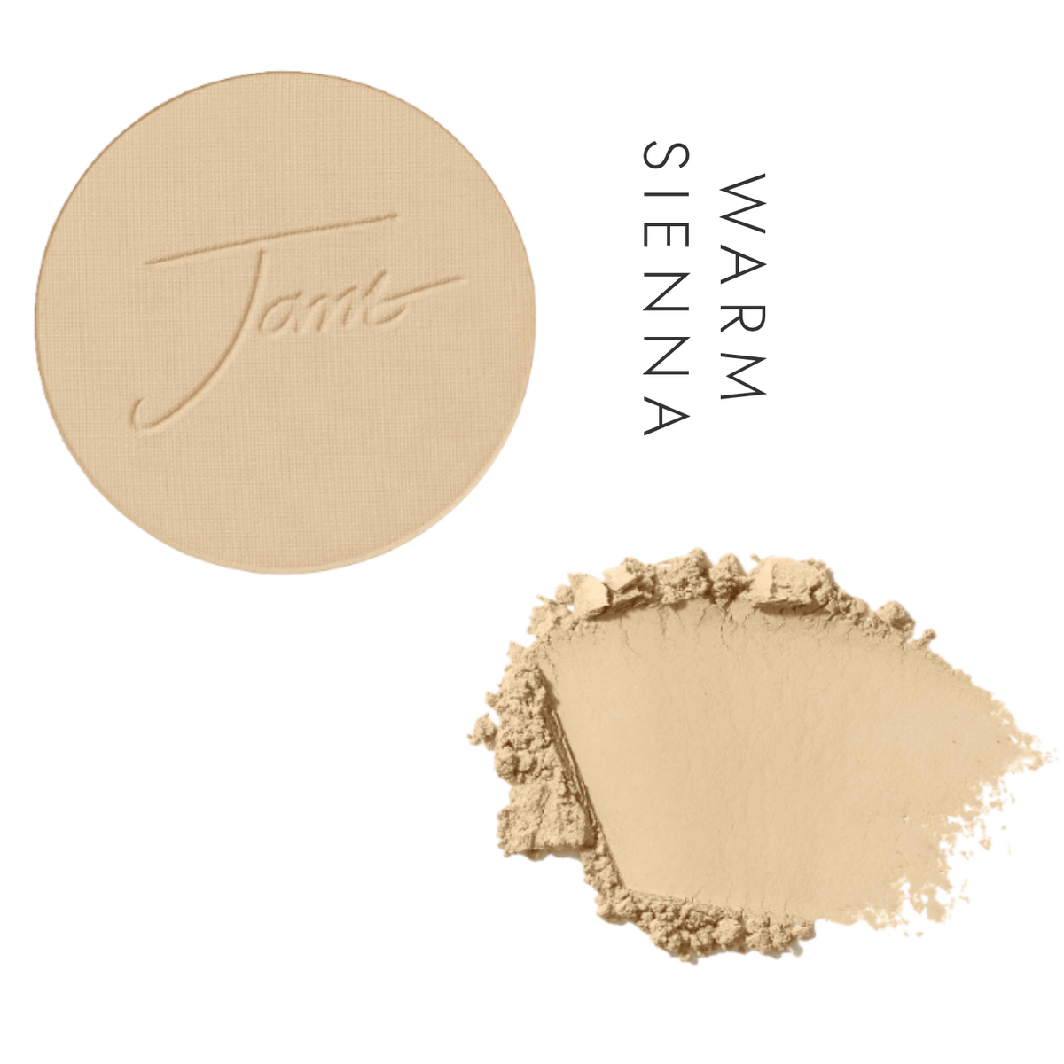 Jane Iredale PurePressed Base Mineral Foundation Refill in Warm Sienna, showing the pressed pan and a powder swatch