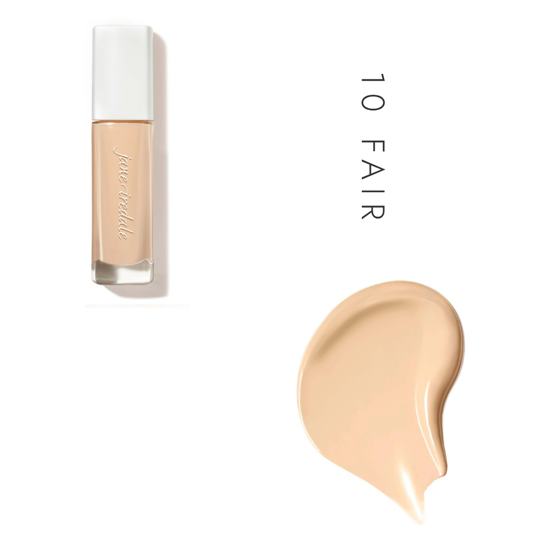 Jane Iredale Skintuition SPF 30 Liquid Foundation in 10 Fair, showing the bottle and a foundation swatch