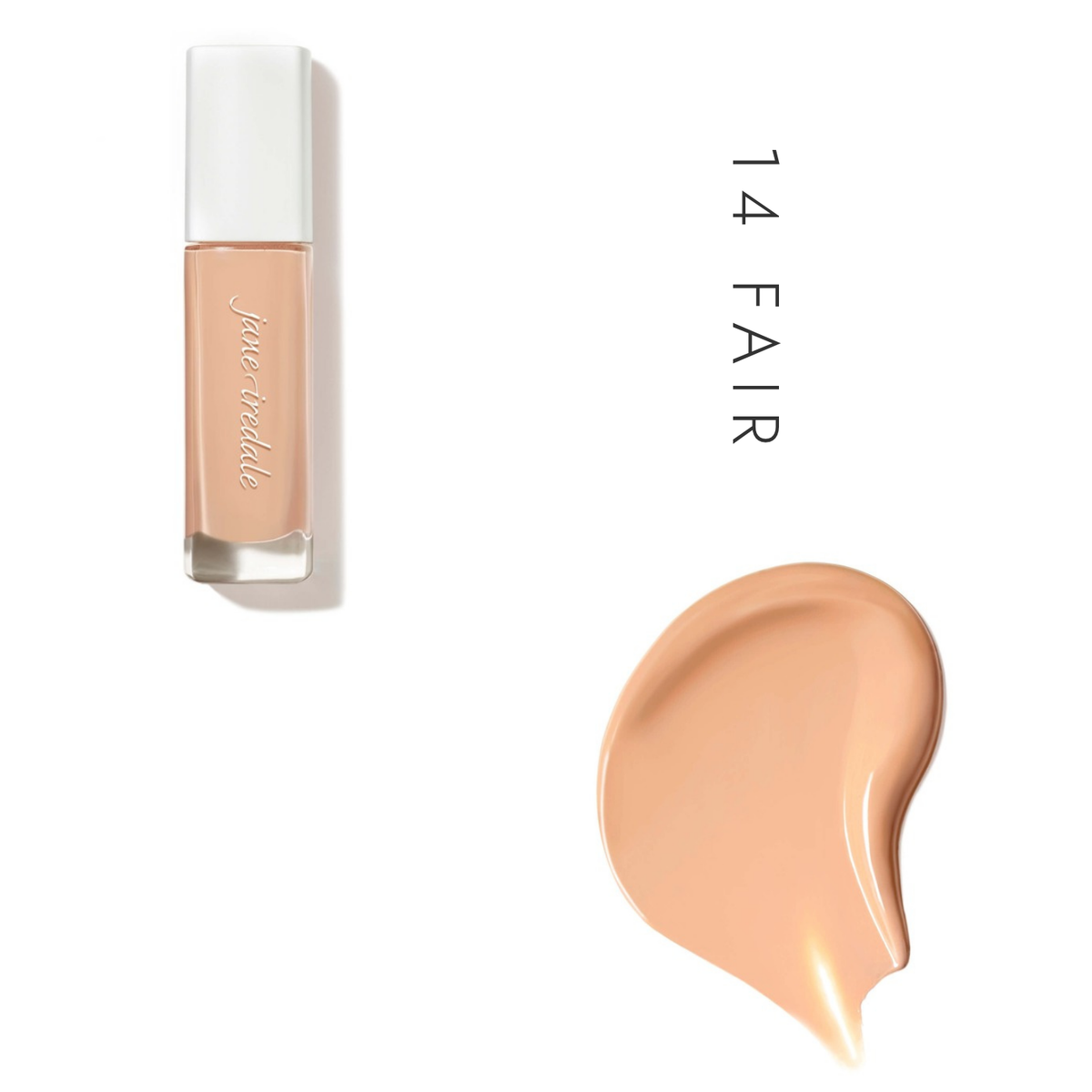Jane Iredale Skintuition SPF 30 Liquid Foundation in 14 Fair, showing the bottle and a foundation swatch