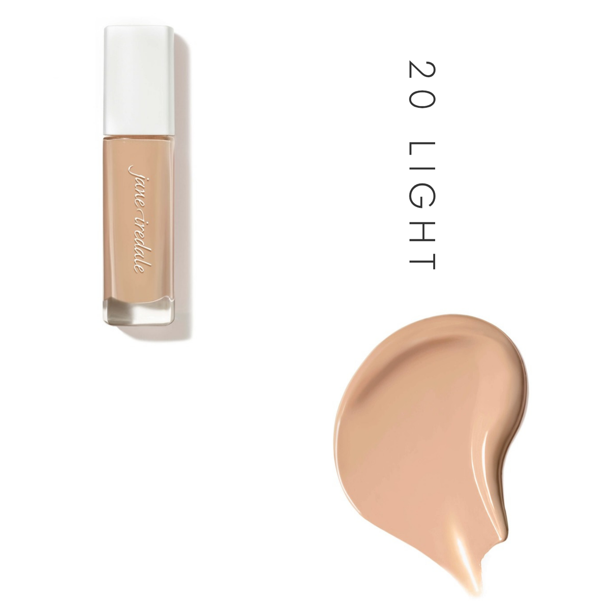 Jane Iredale Skintuition SPF 30 Liquid Foundation in 20 Light, showing the bottle and a foundation swatch