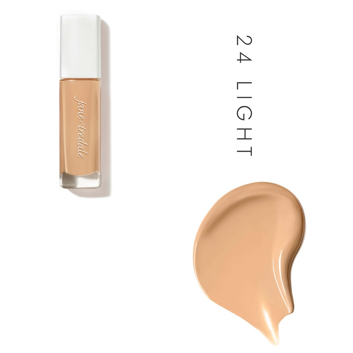 Jane Iredale Skintuition SPF 30 Liquid Foundation in 24 Light, showing the bottle and a foundation swatch