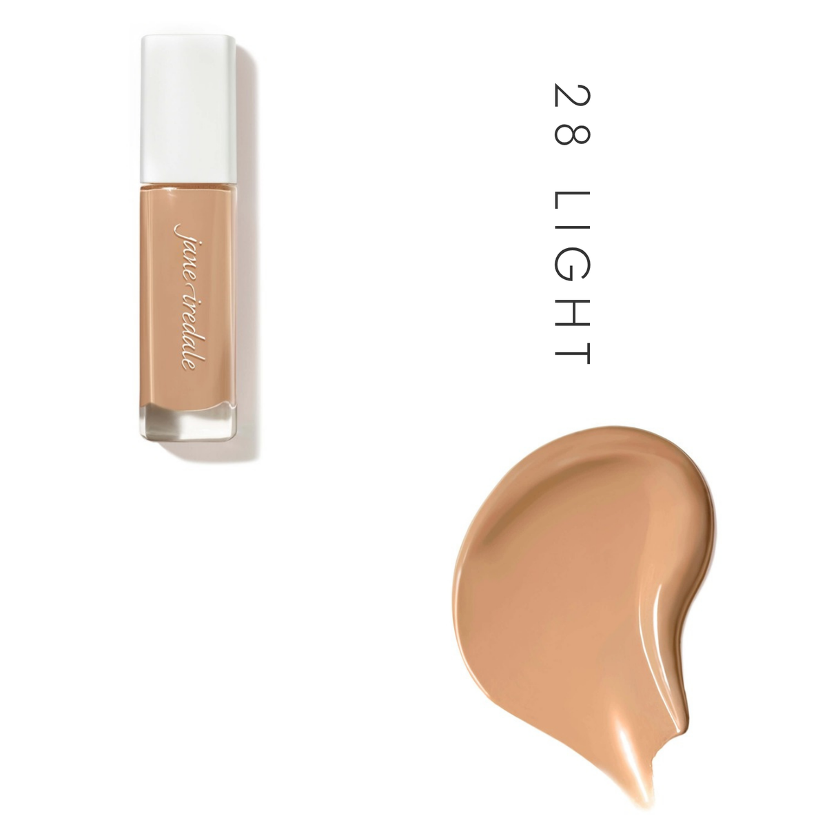 Jane Iredale Skintuition SPF 30 Liquid Foundation in 28 Light, showing the bottle and a foundation swatch