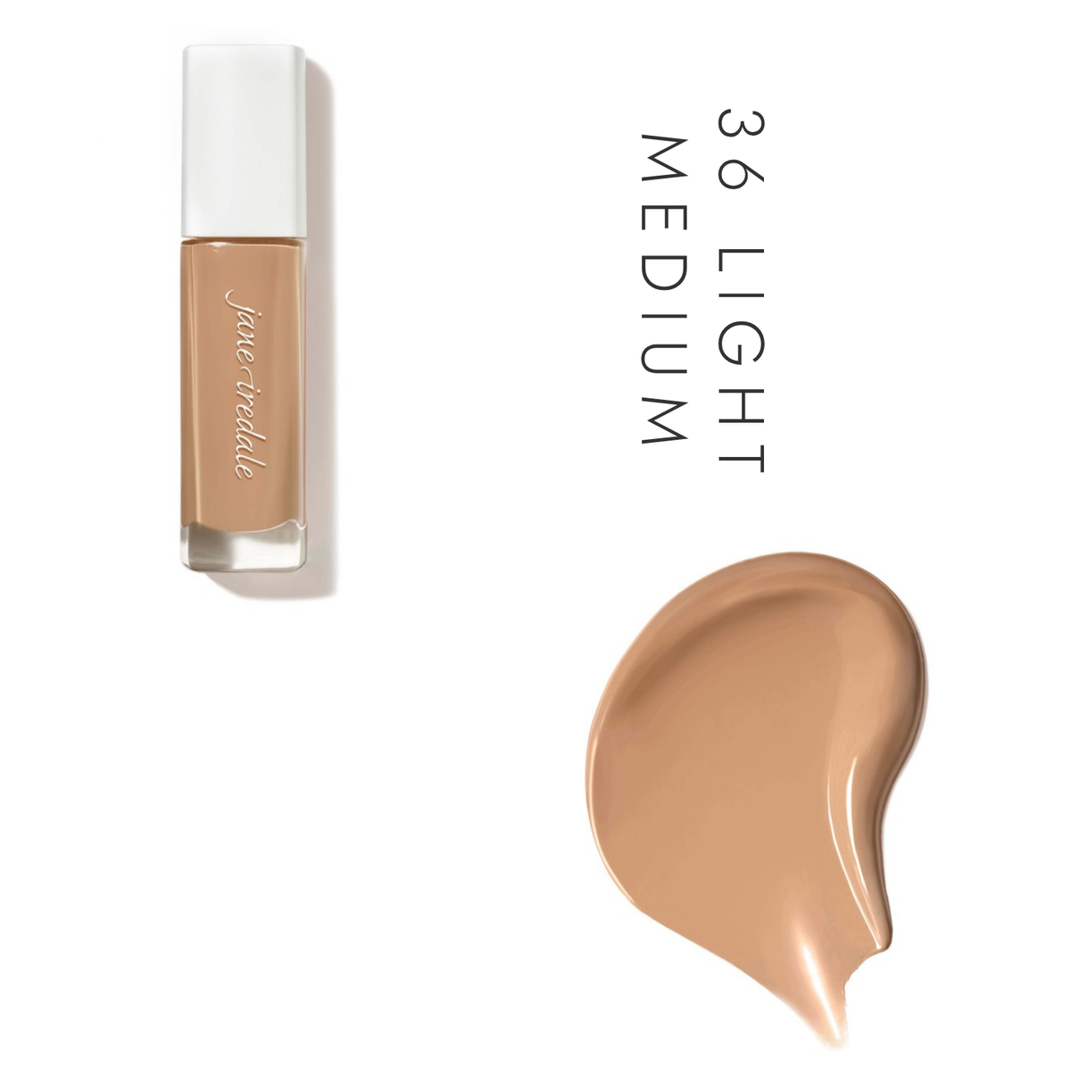 Jane Iredale Skintuition SPF 30 Liquid Foundation in 36 Light Medium, showing the bottle and a foundation swatch