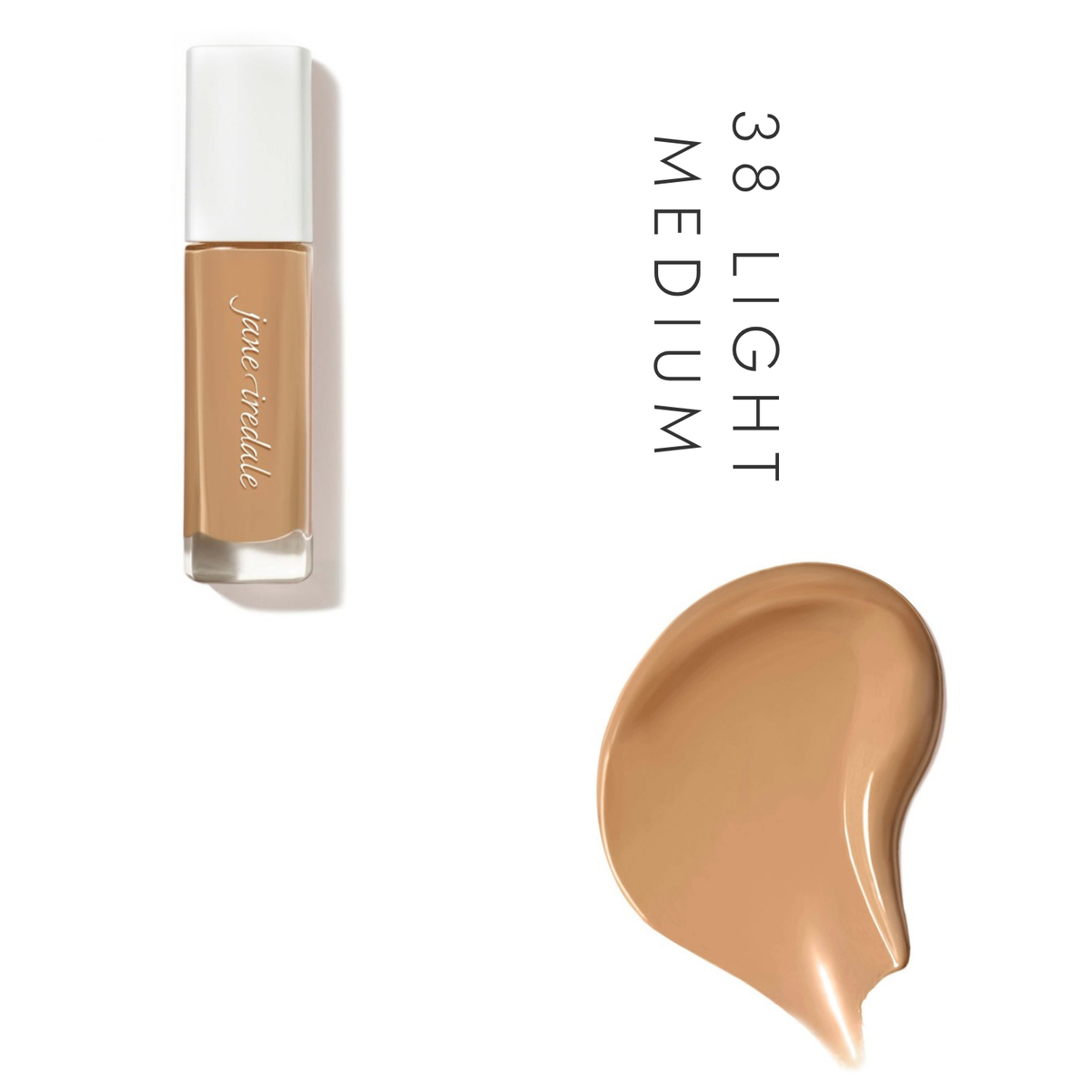 Jane Iredale Skintuition SPF 30 Liquid Foundation in 38 Light Medium, showing the bottle and a foundation swatch