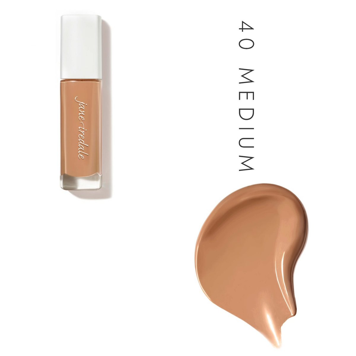Jane Iredale Skintuition SPF 30 Liquid Foundation in 40 Medium, showing the bottle and a foundation swatch