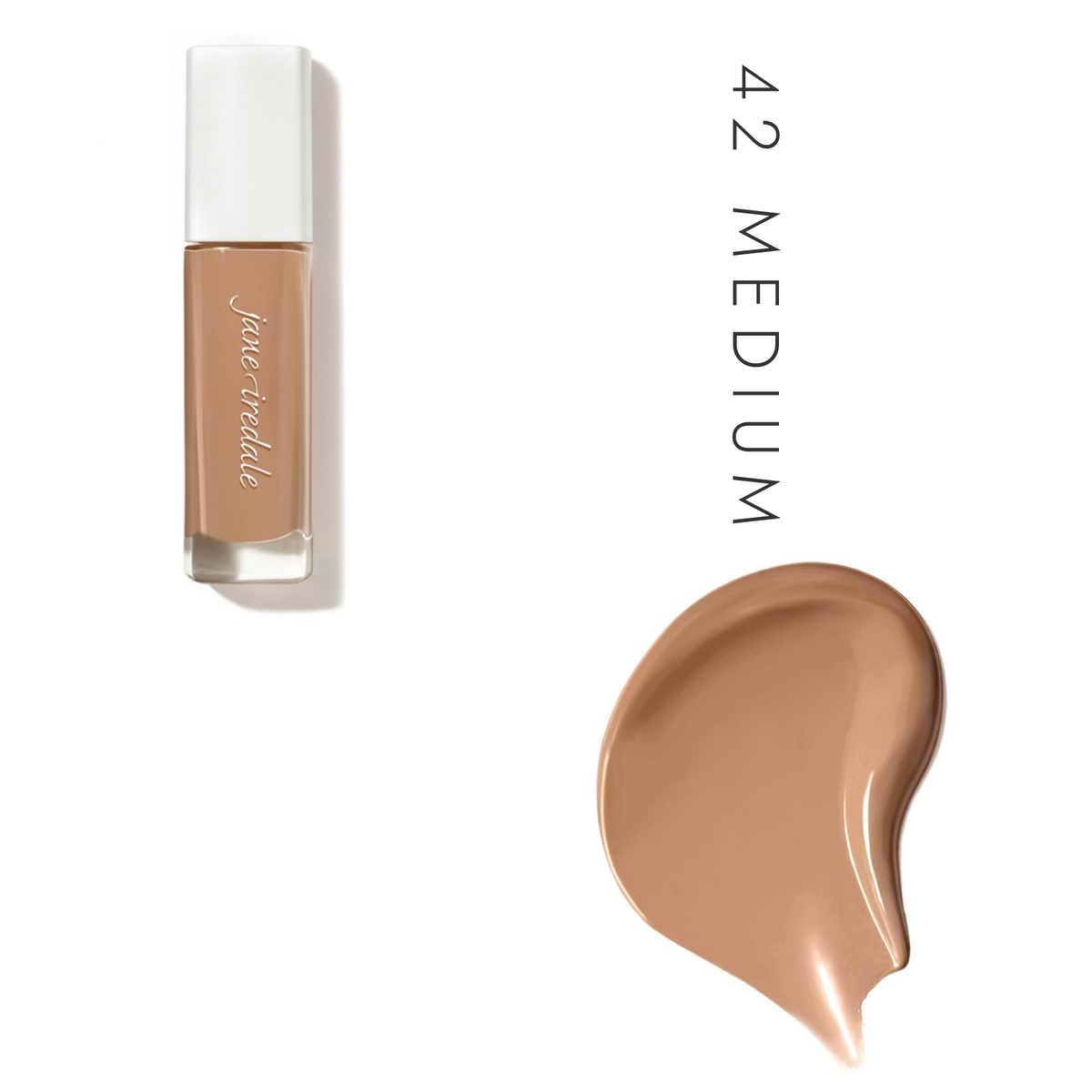 Jane Iredale Skintuition SPF 30 Liquid Foundation in 42 Medium, showing the bottle and a foundation swatch