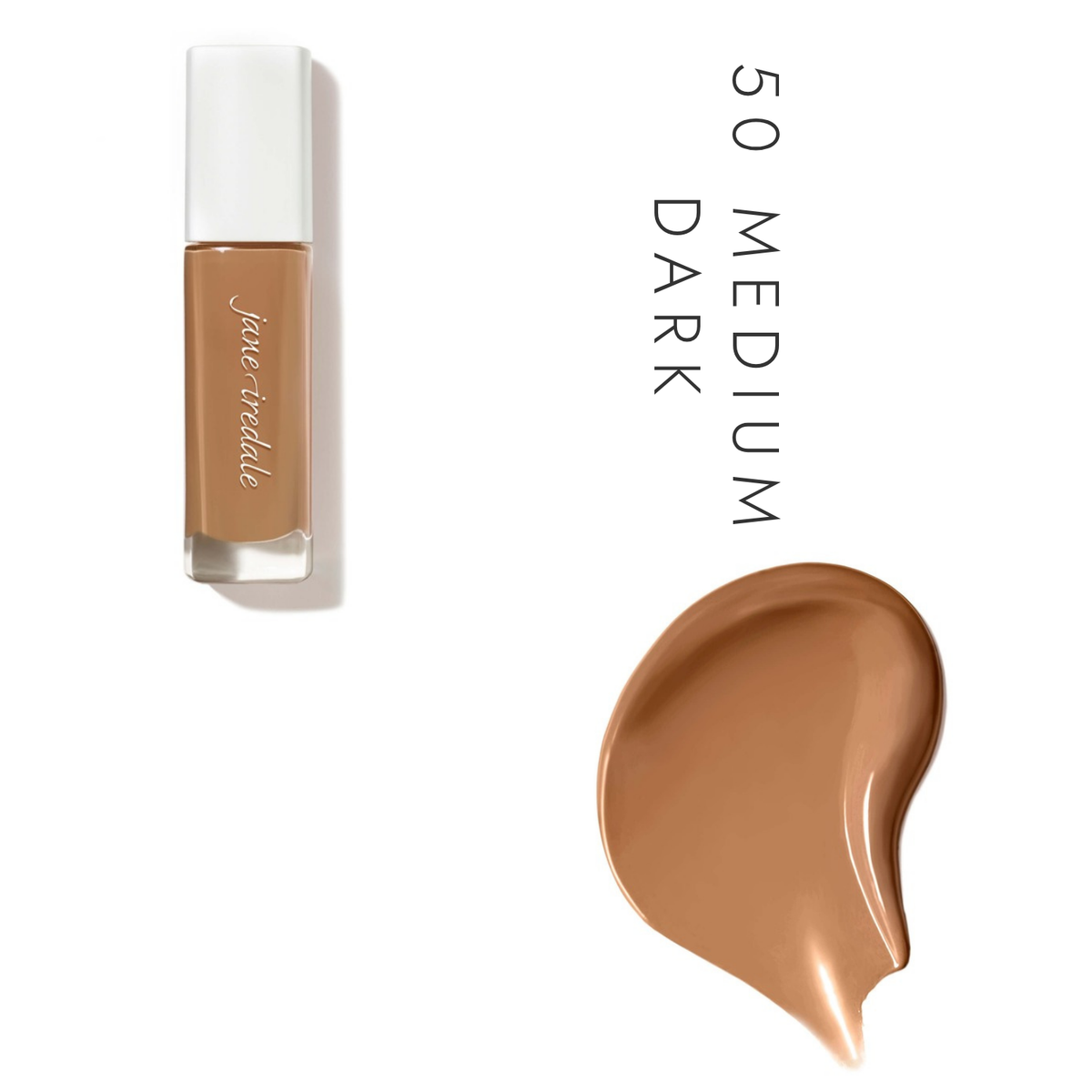 Jane Iredale Skintuition SPF 30 Liquid Foundation in 50 Medium Dark, showing the bottle and a foundation swatch