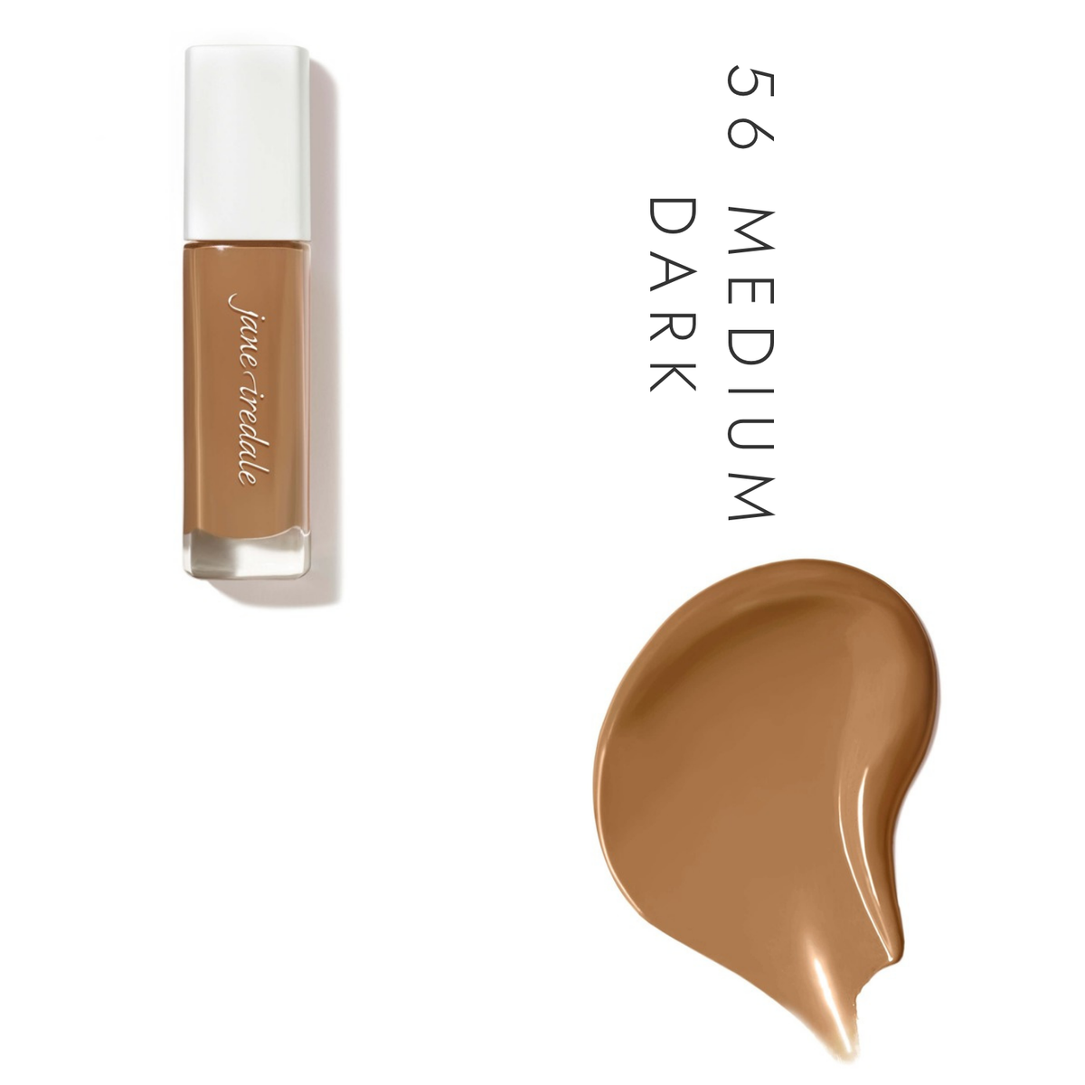 Jane Iredale Skintuition SPF 30 Liquid Foundation in 56 Medium Dark, showing the bottle and a foundation swatch
