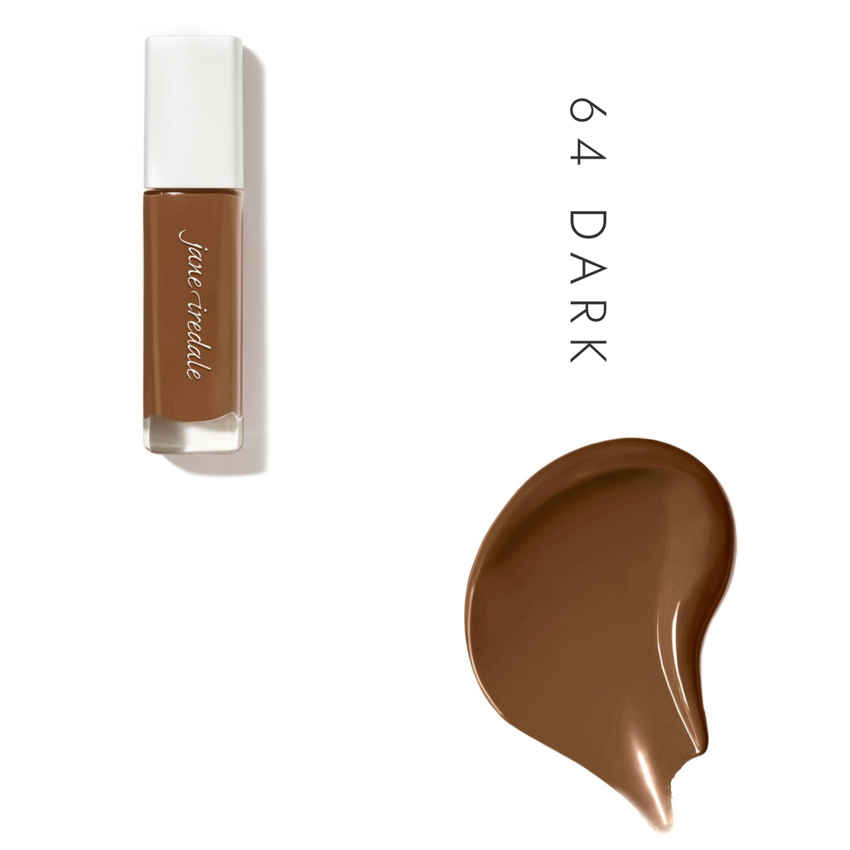 Jane Iredale Skintuition SPF 30 Liquid Foundation in 64 Dark, showing the bottle and a foundation swatch