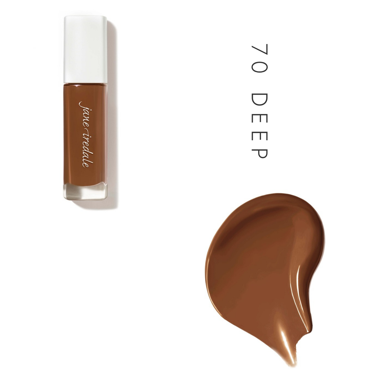 Jane Iredale Skintuition SPF 30 Liquid Foundation in 70 Deep, showing the bottle and a foundation swatch