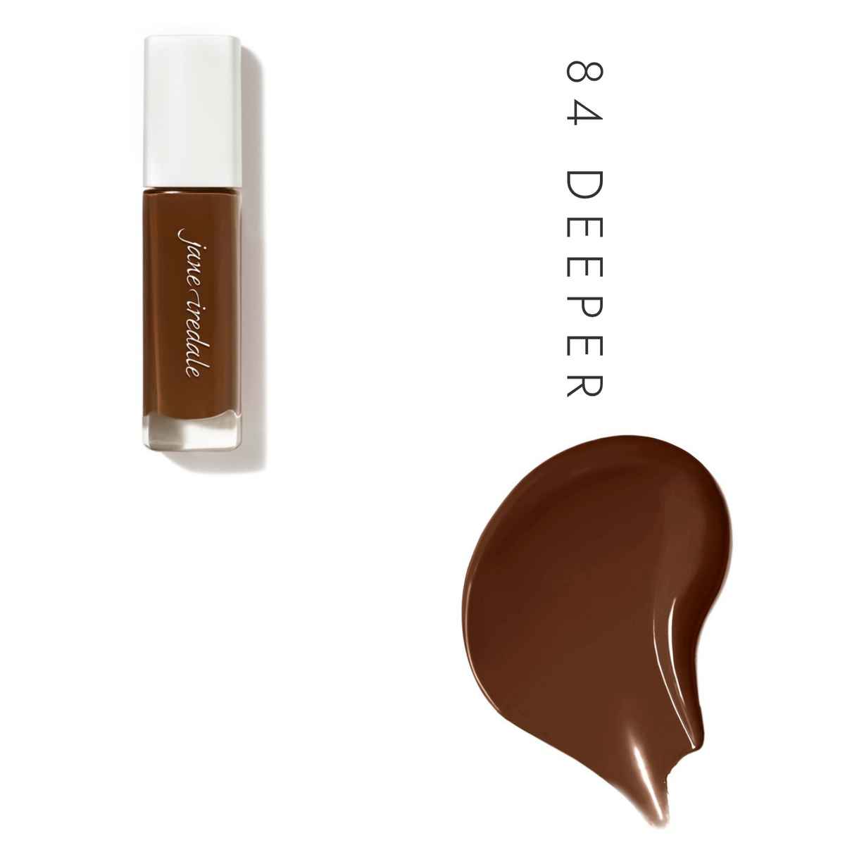 Jane Iredale Skintuition SPF 30 Liquid Foundation in 84 Deeper, showing the bottle and a foundation swatch