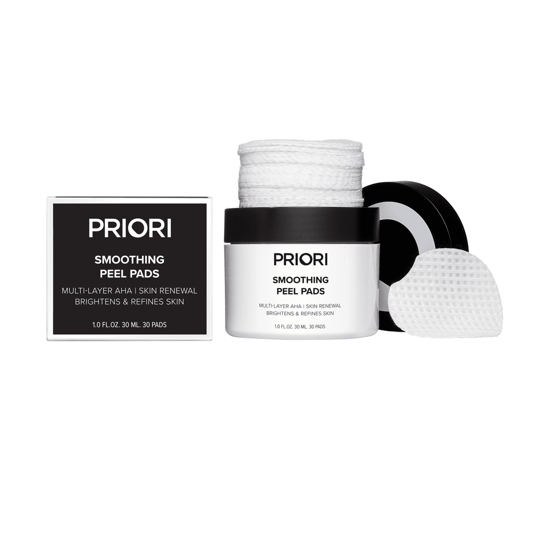 PRIORI Smoothing Peel Pads jar, pad and box