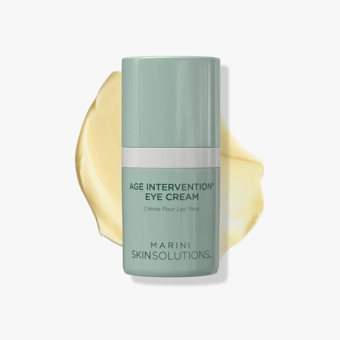 Marini Skin Solutions Age Intervention Eye Cream in a sleek bottle with creamy texture background.