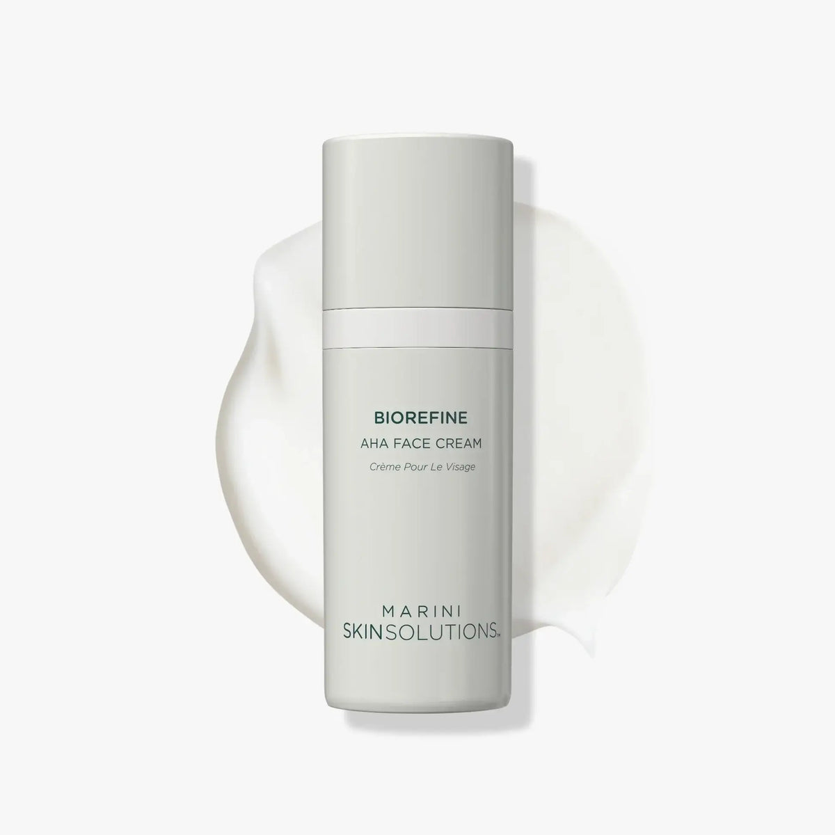 Marini Skin Solutions BioRefine AHA Face Cream in a sleek bottle with a cream texture backdrop. Resurfaces and hydrates skin.