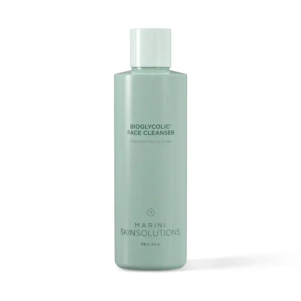 Marini Skin Solutions Bioglycolic Face Cleanser bottle on a white background, featuring a gentle resurfacing formula.