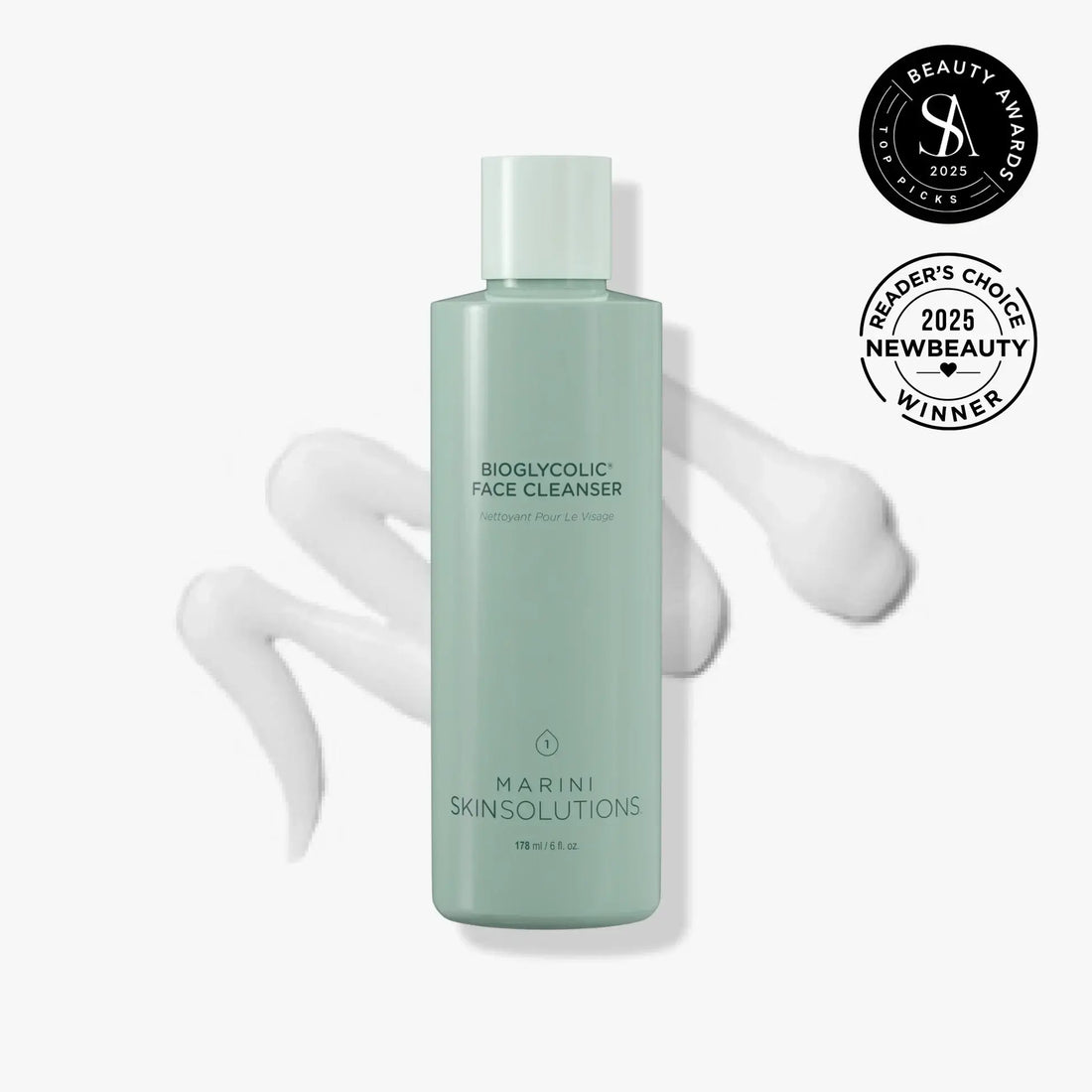 Marini Skin Solutions Bioglycolic Face Cleanser bottle on a white background, featuring a gentle resurfacing formula.