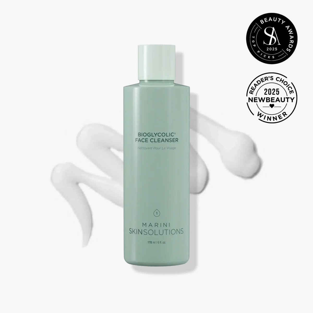 Marini Skin Solutions Bioglycolic Face Cleanser bottle with cream texture, award-winning, fragrance and soap free.