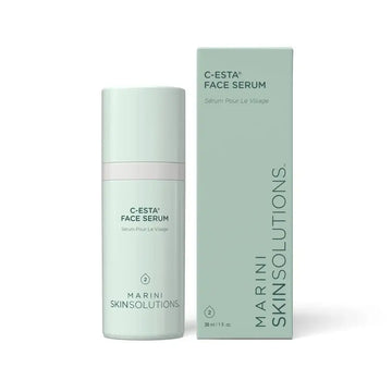 Marini Skin Solutions C-ESTA Face Serum packaging and bottle, promoting firmer and brighter skin.