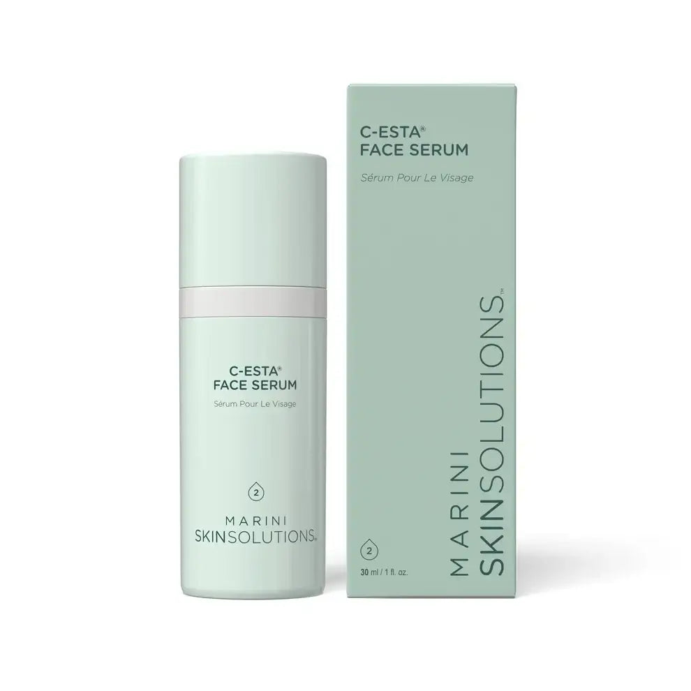 Marini Skin Solutions C-ESTA Face Serum packaging and bottle, promoting firmer and brighter skin.
