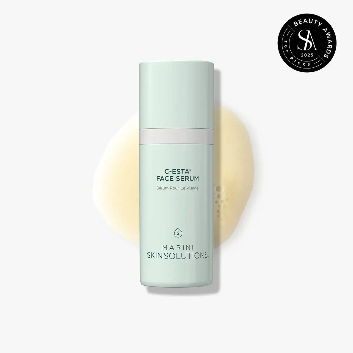 Marini Skin Solutions C-ESTA Face Serum in a sleek bottle on a soft background, recognized with a beauty award.