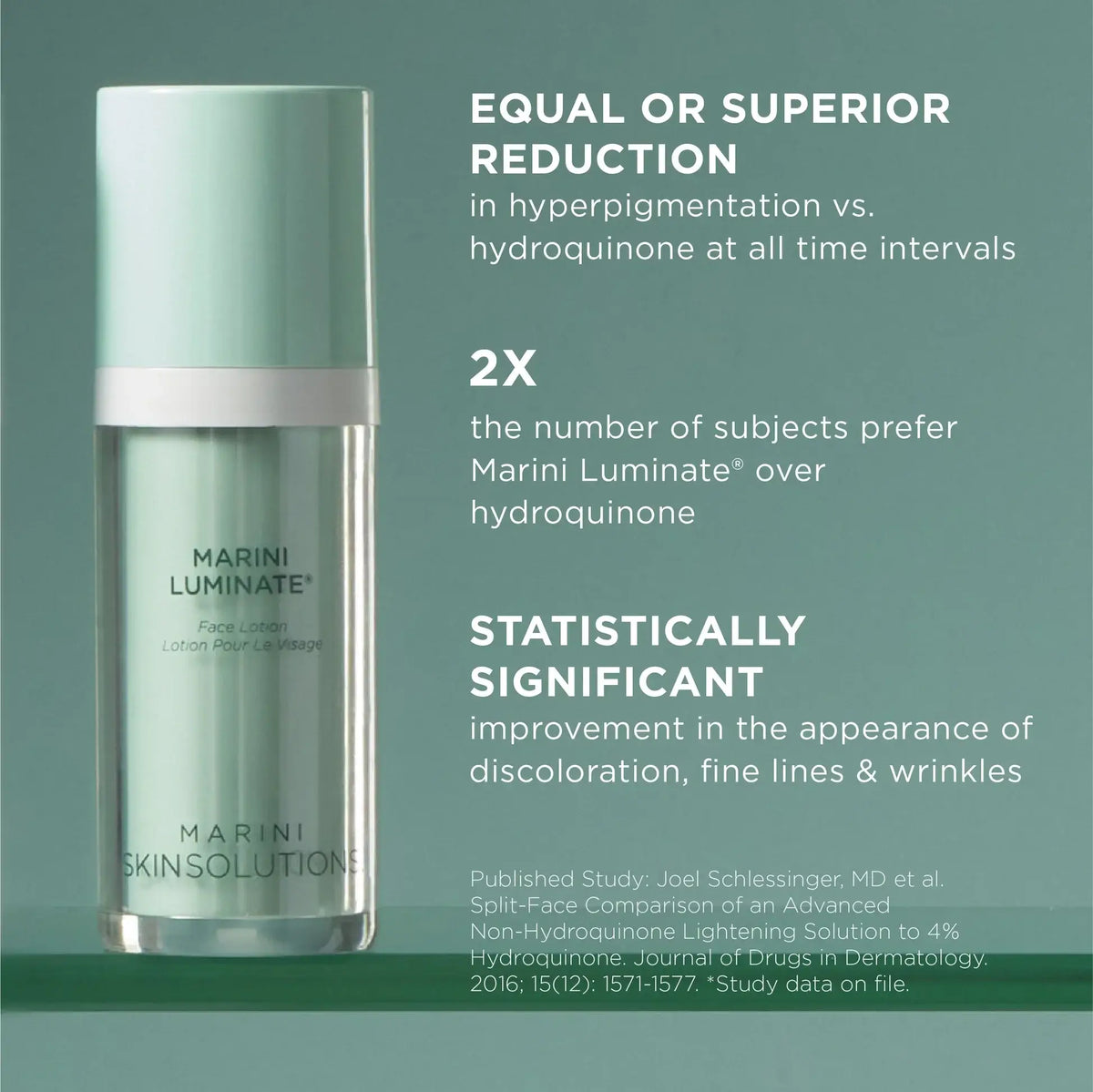 Marini SkinSolutions Luminate XC bottle highlighting its benefits against hyperpigmentation and fine lines.