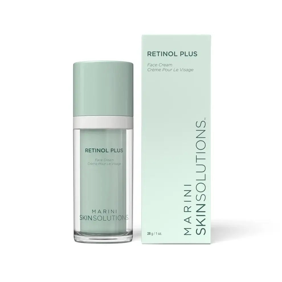 Marini Skin Solutions Retinol Plus face cream bottle and packaging, featuring retinol and peptide formula for smoother skin.
