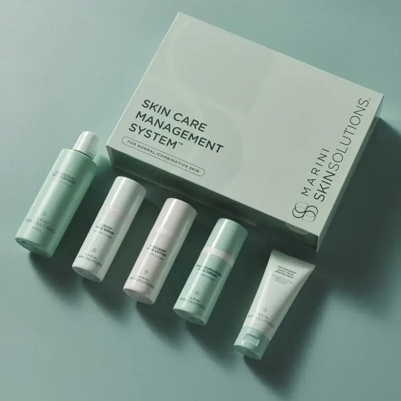 Marini SkinSolutions Skin Care Management System Normal Combo with Marini Physical Protectant Light to Medium SPF30 products in a box.