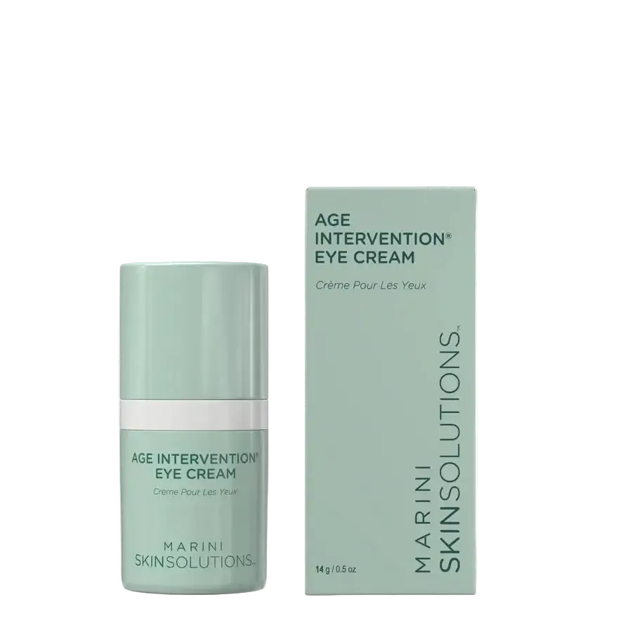 Marini SkinSolutions Age Intervention Eye Cream product packaging with cream jar and box, highlighting anti-aging benefits.