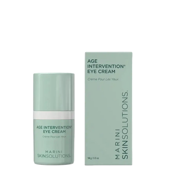 Marini SkinSolutions Age Intervention Eye Cream product packaging with cream jar and box, highlighting anti-aging benefits.