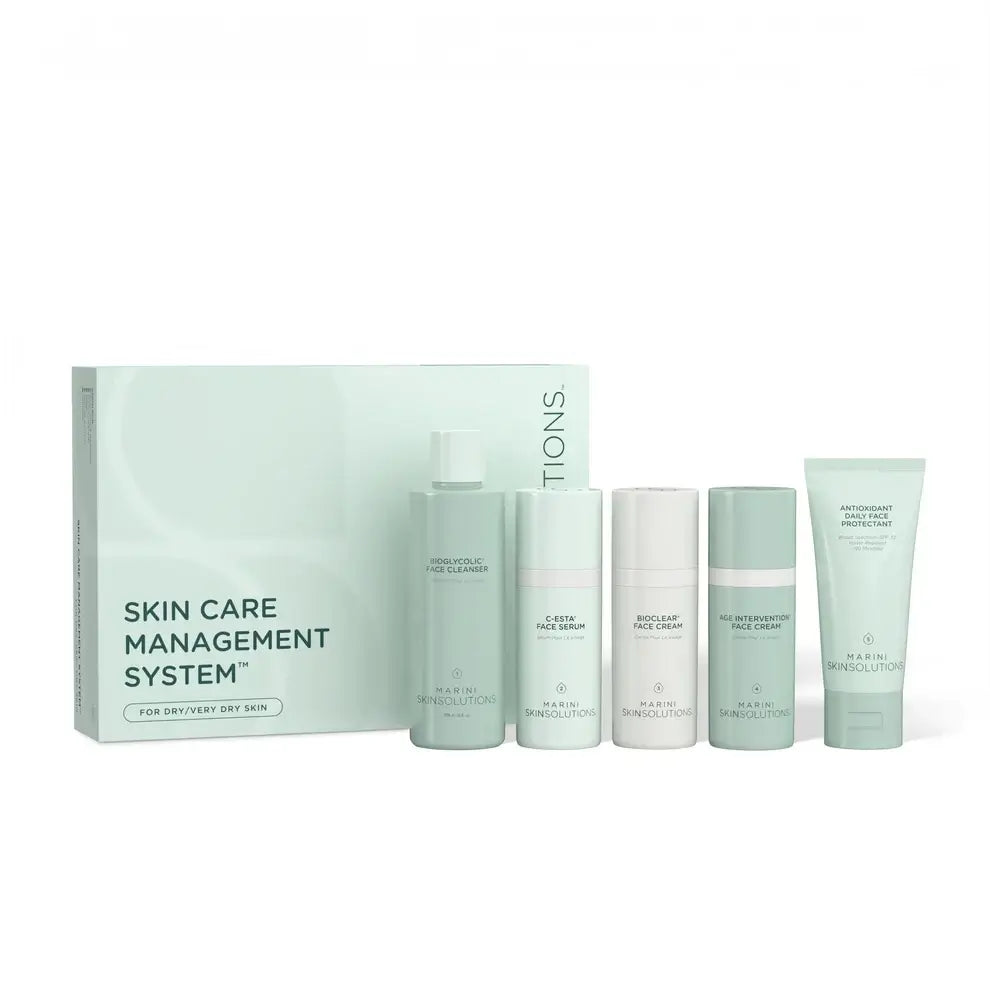 Marini SkinSolutions Skin Care Management System for dry to very dry skin, featuring five essential products in a boxed set.
