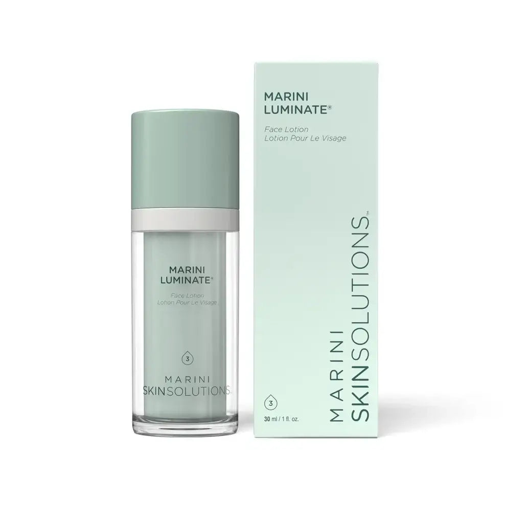Marini SkinSolutions Luminate Face Lotion in a sleek bottle with mint-green packaging, showcasing its brightening properties.