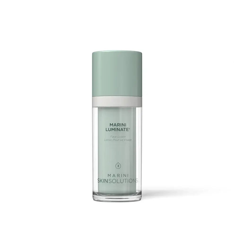 Marini SkinSolutions Luminate Face Lotion packaging in a clear bottle with a light green cap.