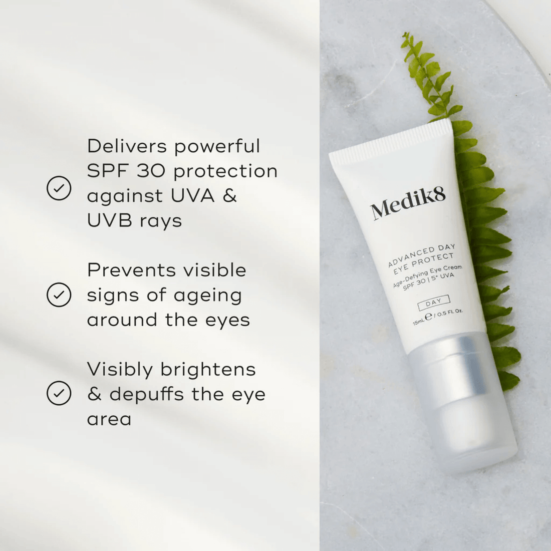 Medik8 Advanced Day Eye Protect eye cream with SPF 30 and 5* UVA protection, designed for dark circles and puffiness.