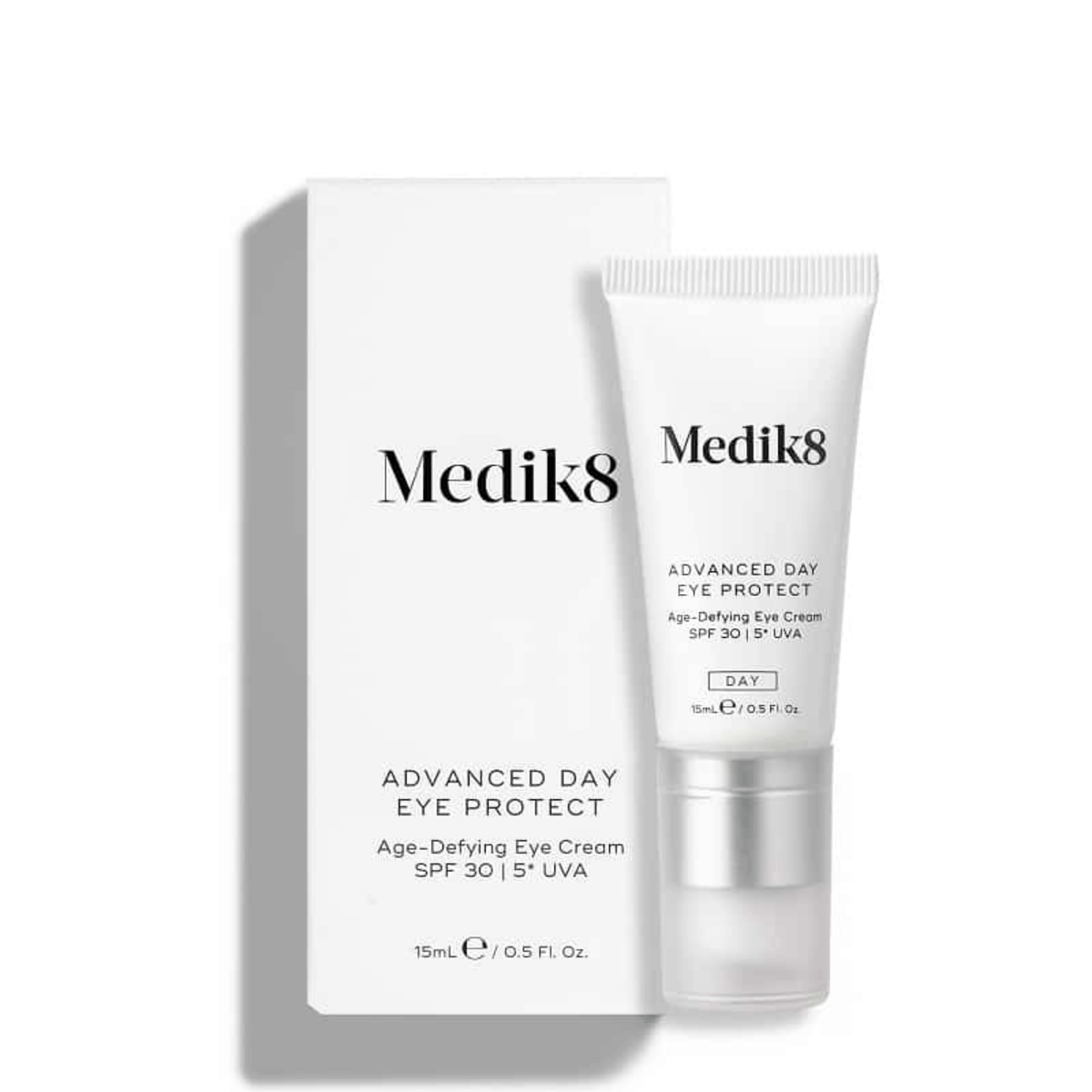 Medik8 Advanced Day Eye Protect tube and box packaging, age-defying eye cream with SPF 30 and 5* UVA protection.
