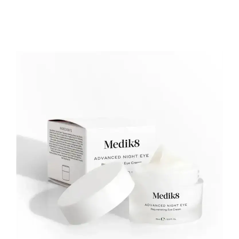 Medik8 Advanced Night Eye rejuvenating eye cream in packaging, designed to target dark circles and fine lines.