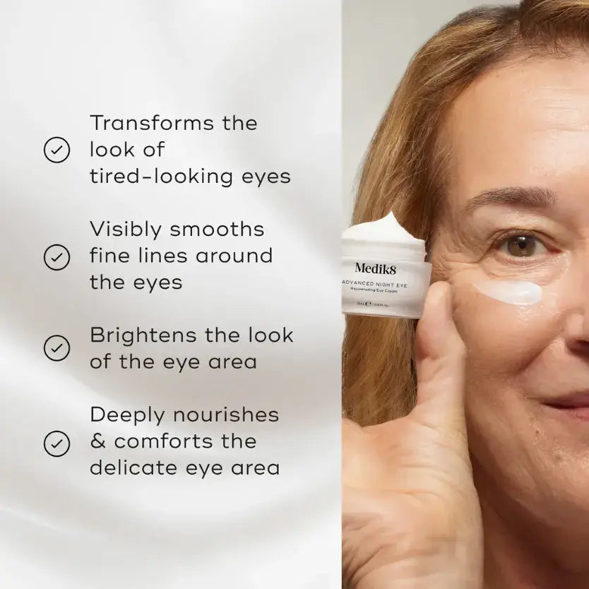 Medik8 Advanced Night Eye cream application on the eye area, showcasing its benefits for tired-looking eyes.