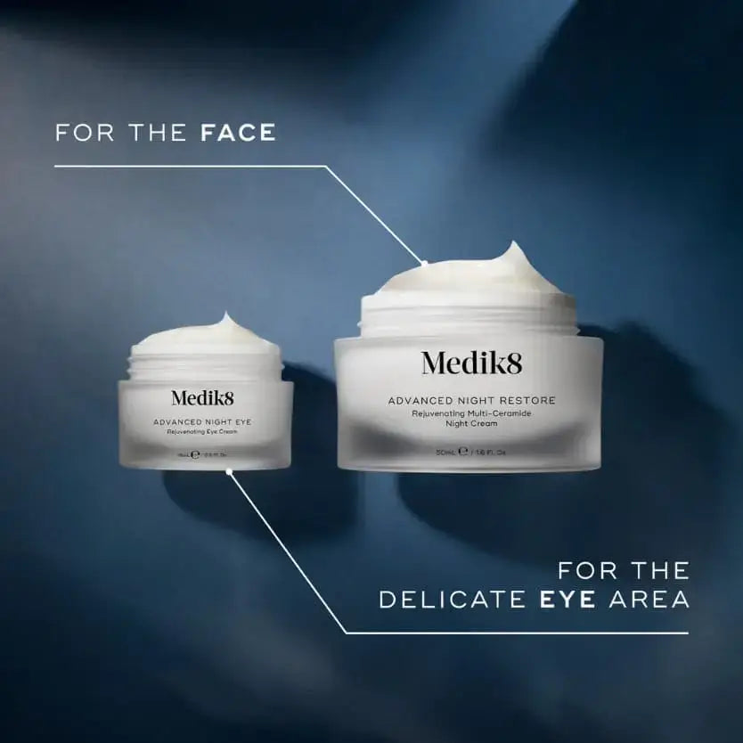 Medik8 Advanced Night Eye and Advanced Night Restore creams for face and delicate eye area on a dark background.