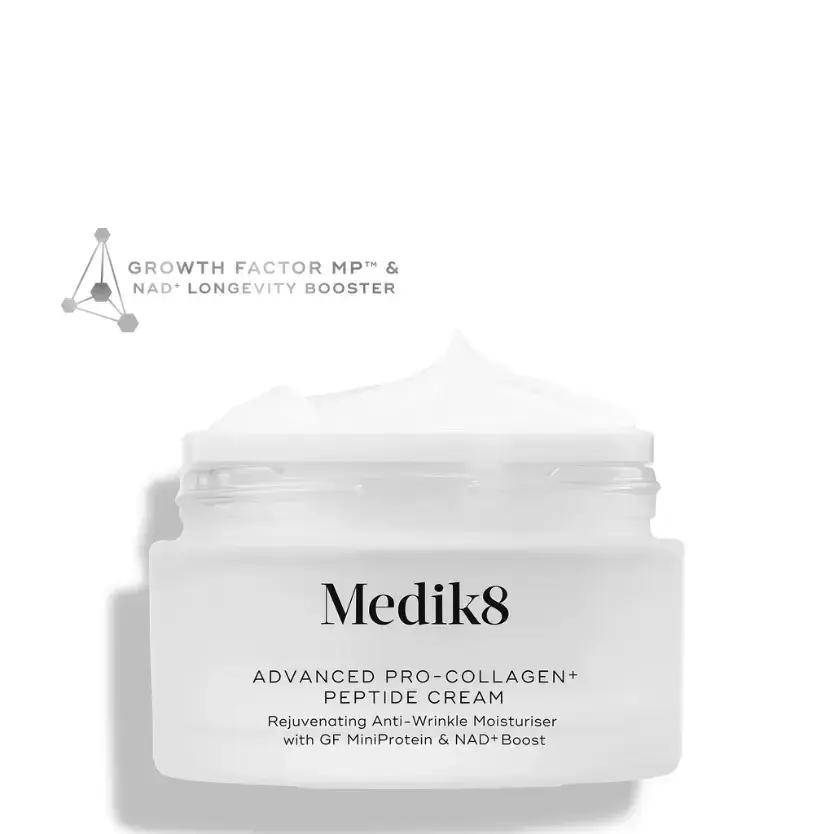 Medik8 Advanced Pro-Collagen+ Peptide Cream jar with anti-wrinkle formula and longevity booster.