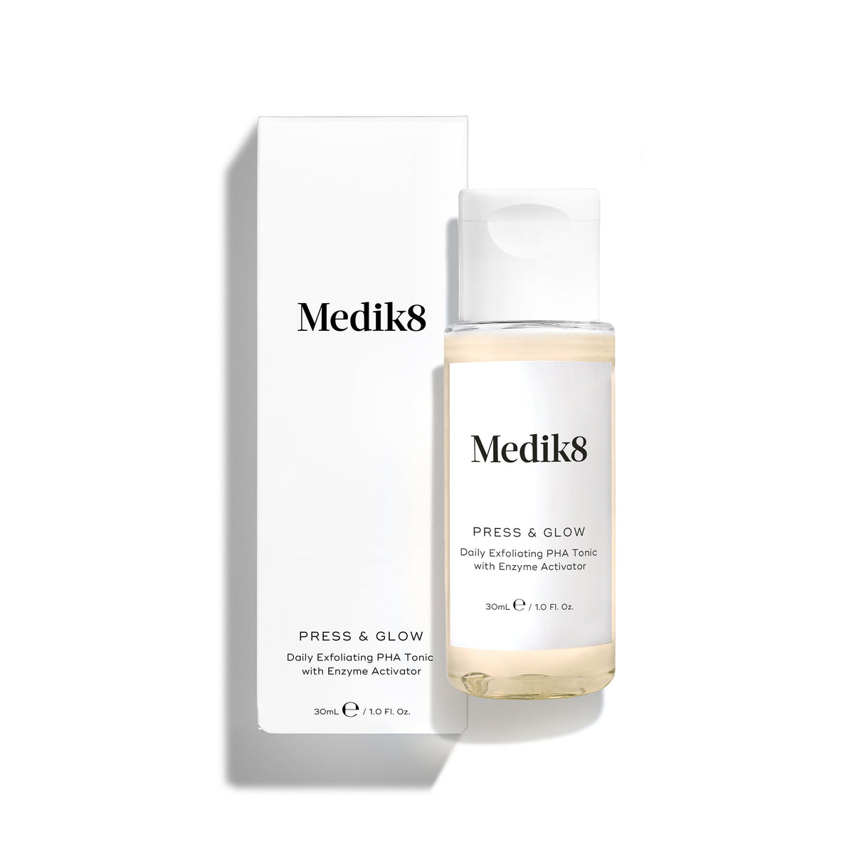 Medik8 Press & Glow Travel Size 30ml bottle shown with its box